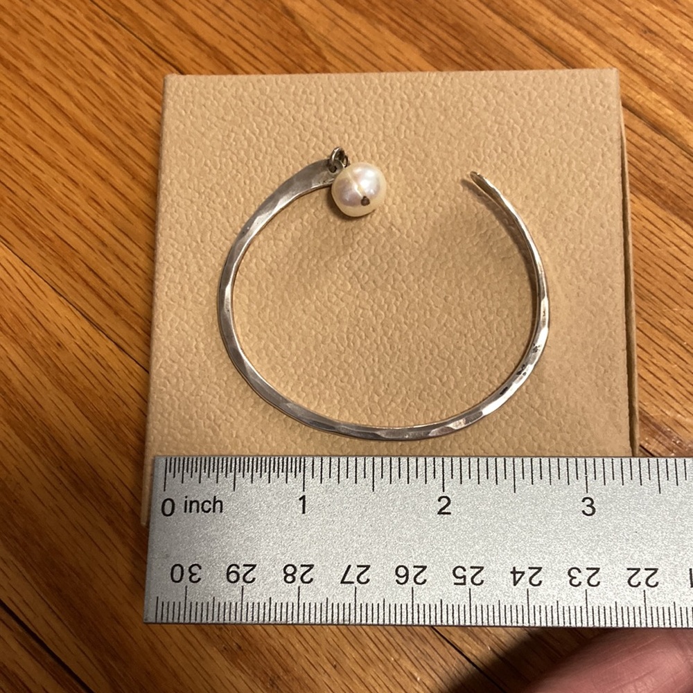 Hammered Sterling Silver Cuff Bracelet with White Pearl Accent - Picture 9 of 11